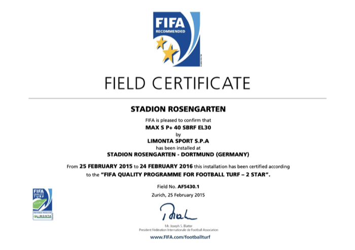FIFA Field Certificate für den Kunstrasenplatz Rosengarten