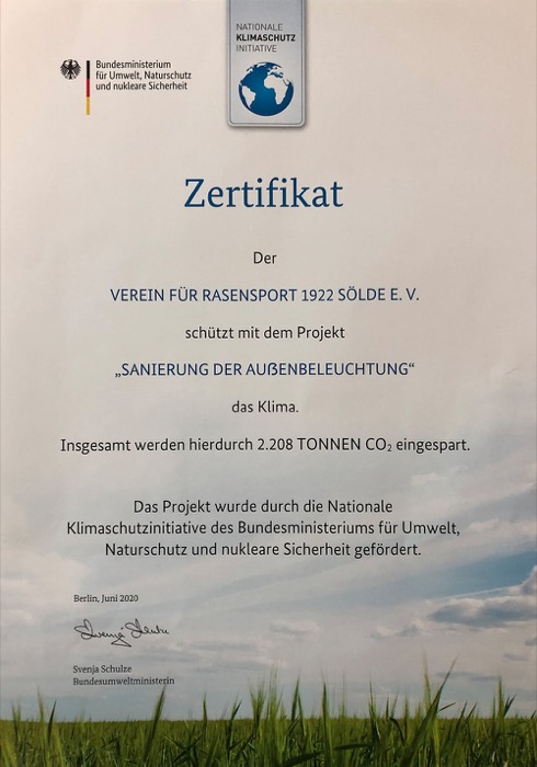 Zertifikat des Bundesumweltministeriums für die LED-Sanierung der Außenbeleuchtung